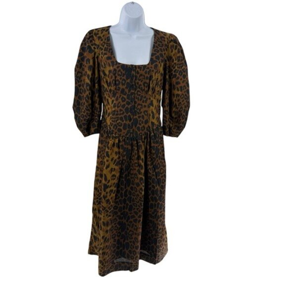 Tuckernuck NEW Leopard Graciela Puff Sleeve Square Neck Midi Dress Size 4 - Picture 3 of 10